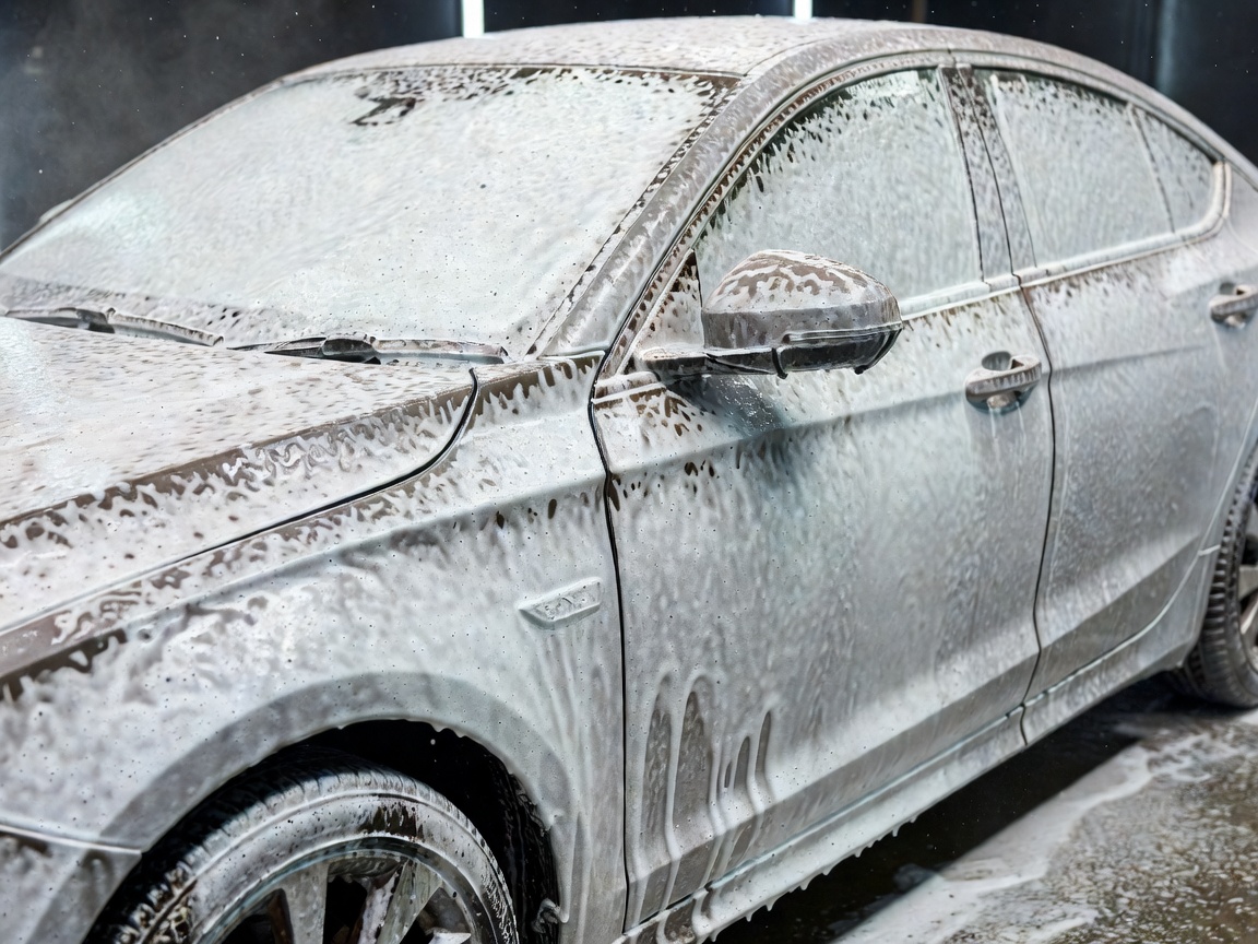Active pre-wash snow foam layer applied to car surfaces to break down motorway traffic grime