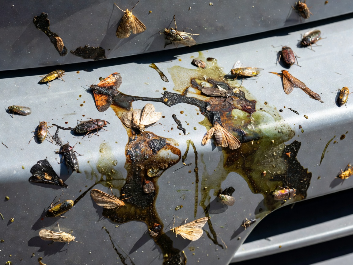 Baked bug remains and organic motorway splatter on a grey vehicle bumper under strong UV sunlight