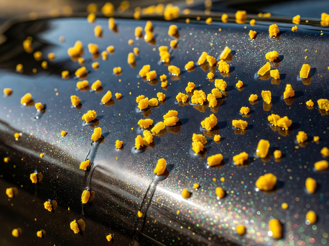 Close-up of sticky yellow pollen particles resting on highly glossy metallic car paint coat
