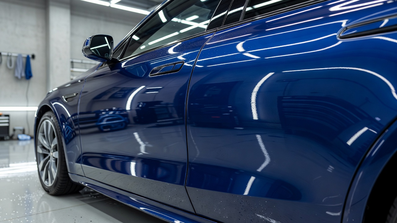 Deep wet-look reflection of a polished blue car paintwork inside a detailing bay