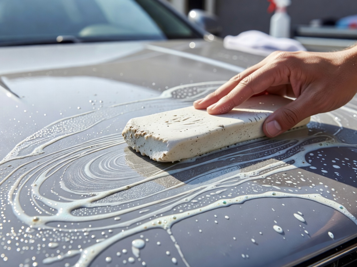Detailing clay bar being guided over a lubricated paint surface to extract contaminants
