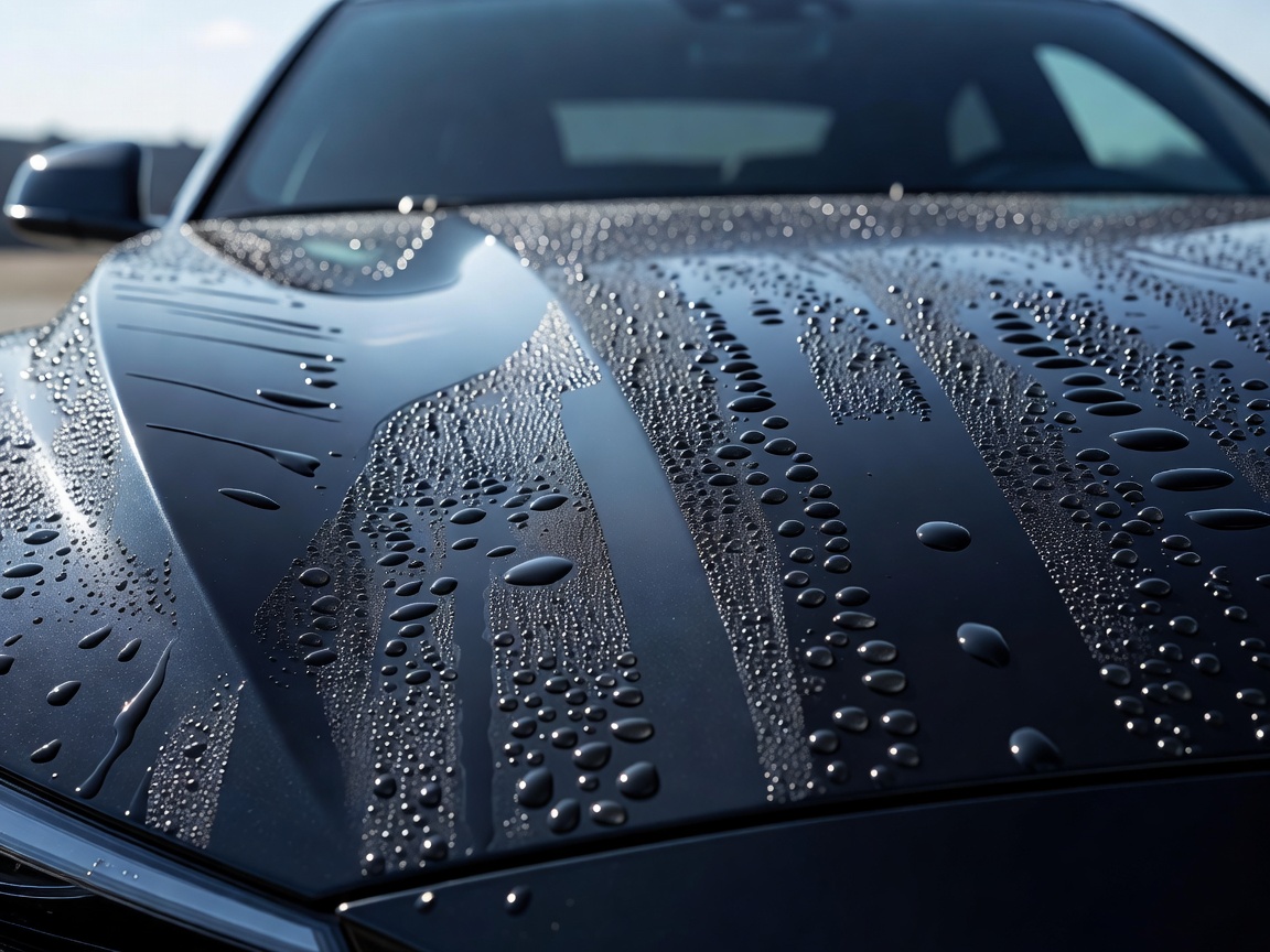 Perfect water droplets beading off a glossy car hood with ceramic shield protection
