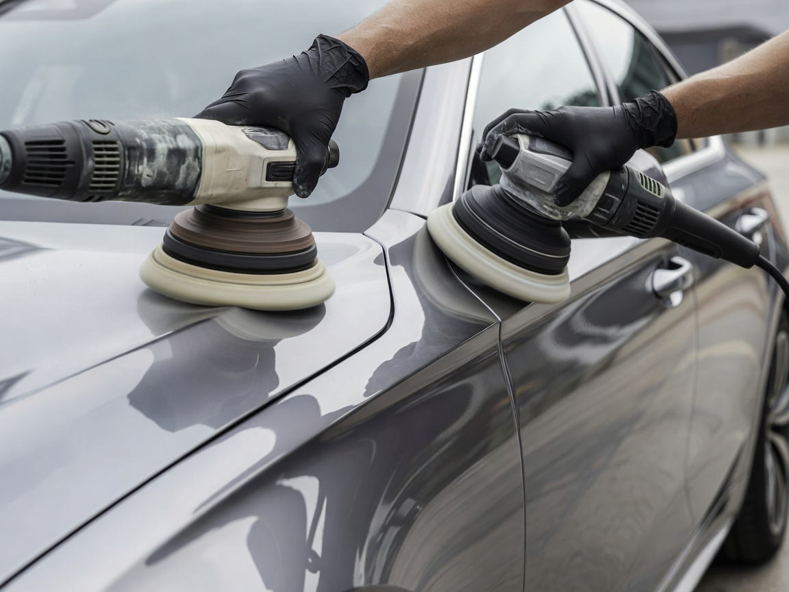 Professional rotary and dual-action machine polishing process over clean vehicle panels
