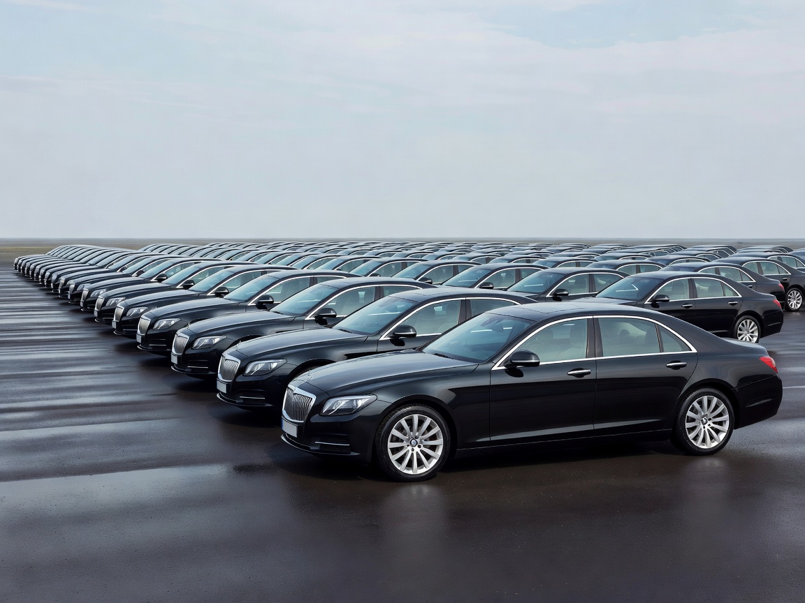 Row of identical executive saloon fleet cars completely clean and ready to deploy