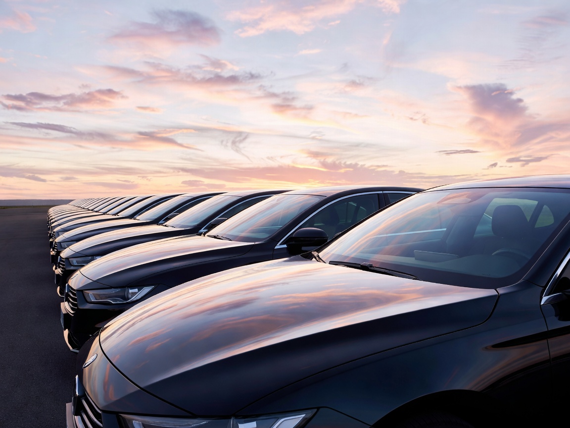 Row of shiny identical company fleet saloon cars reflecting the morning sky