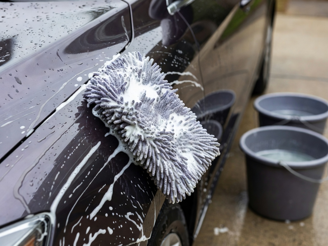 Two bucket washing method with high suds mitt safely gliding on a wet car panel