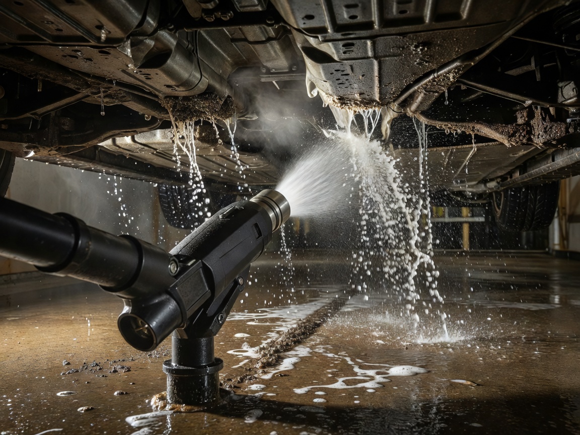 Underbody car wash nozzle spraying warm water in under-arch gaps to wash out road grit and salt