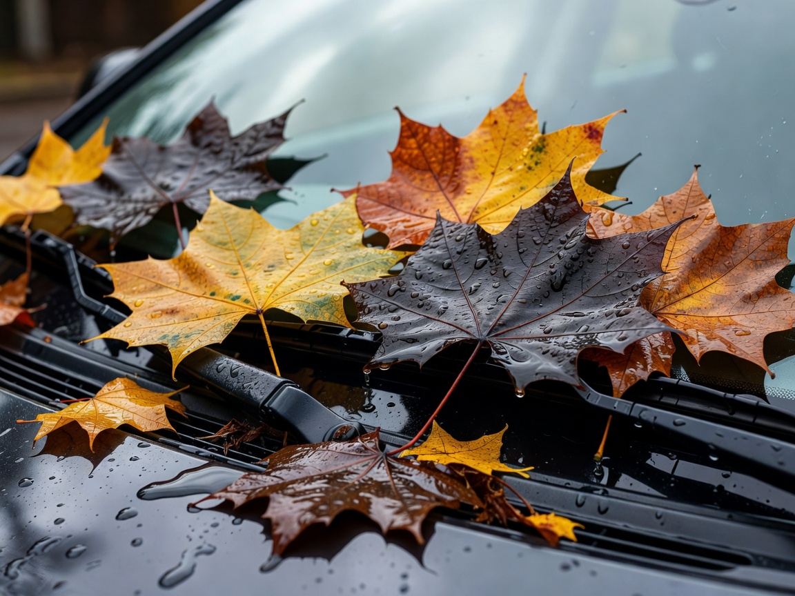 Wet fallen sycamore leaves resting on the windshield wiper cowl clogging water drainage points