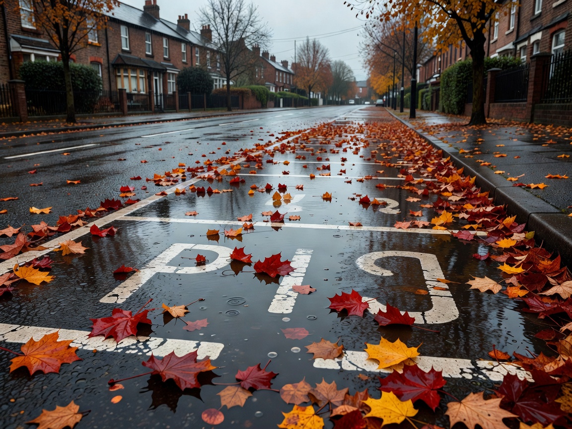 Wet UK street showing autumn colored leaves stuck over parking bay road markings